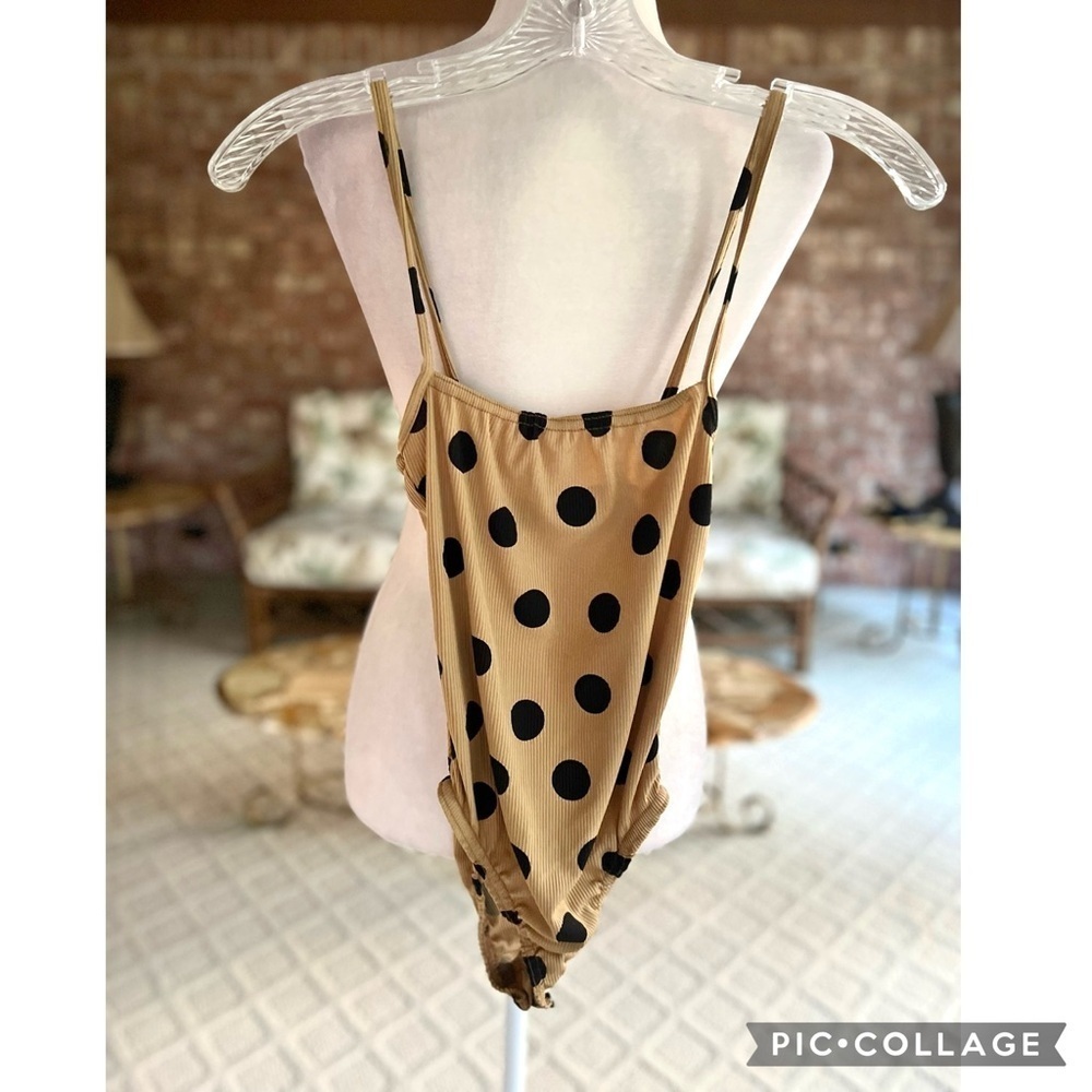 Nasty Gal Bodysuit Tan Polka Dot Ribbed Knit Sleeveless 2 - Picture 3 of 12